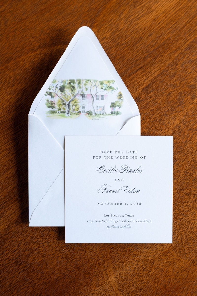 Save-the-date card for the wedding of Cecilia Pinales and Travis Eaton